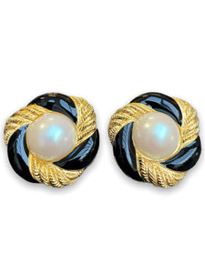 Black gold wrap design pearl clip on earrings