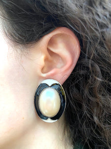 Pearl black and white oval clip on earrings