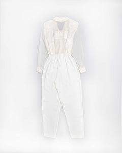 Cream jaquard style '80s elegant mesh sleeves evening trouser suit