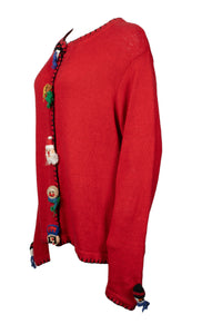 Red '90s long sleeve cardigan with novelty Christmas buttons