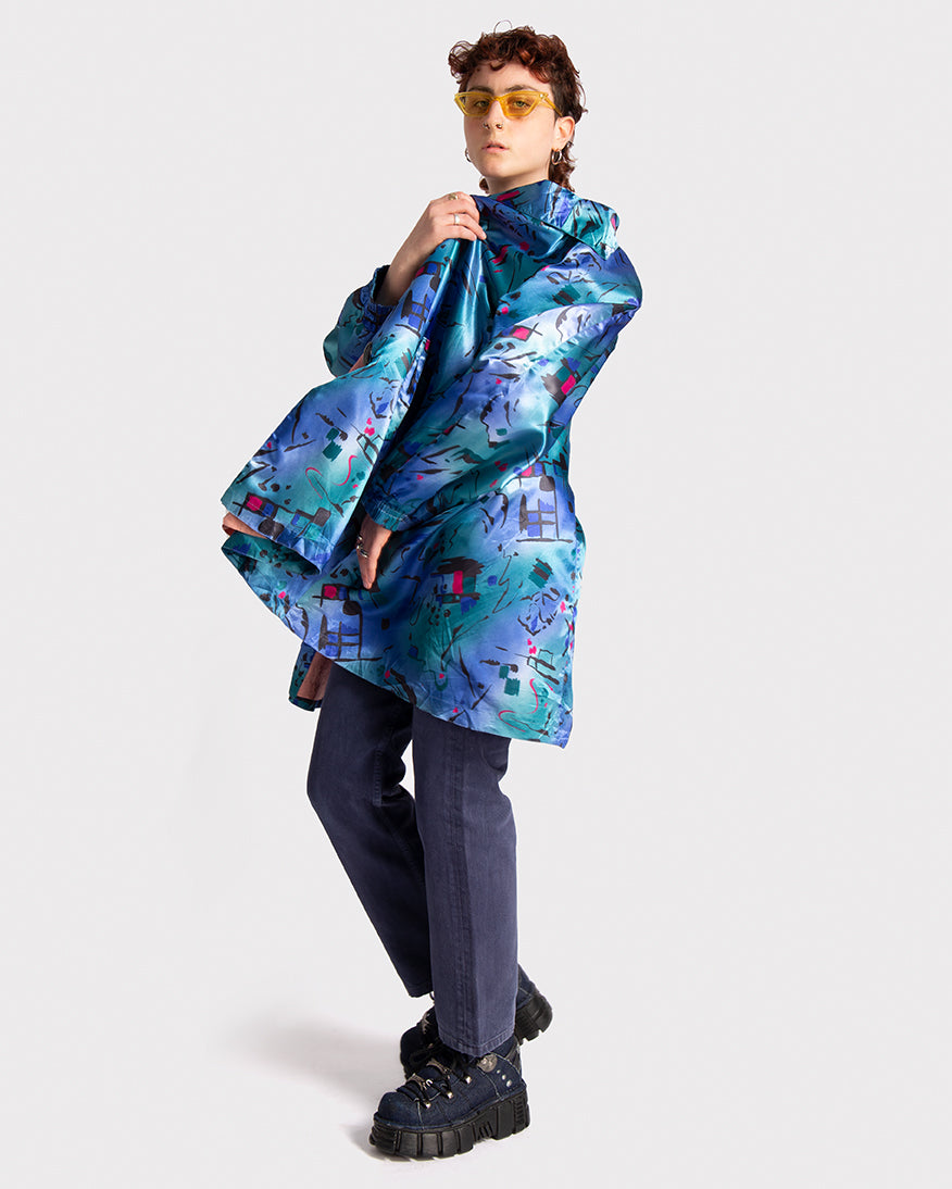 '80s abstract pattern blue satin coat