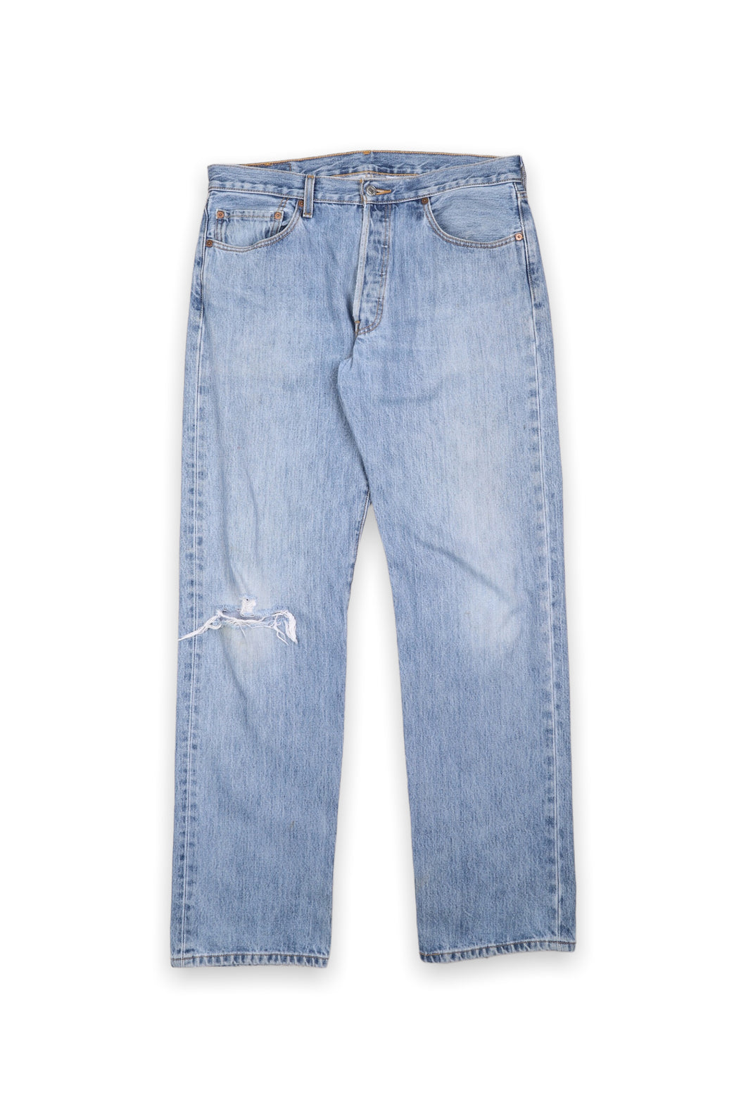 Levi's 501 distressed blue straight leg jeans
