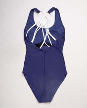 Load image into Gallery viewer, Adidas navy stretch fit criss-cross back strap swimming costume

